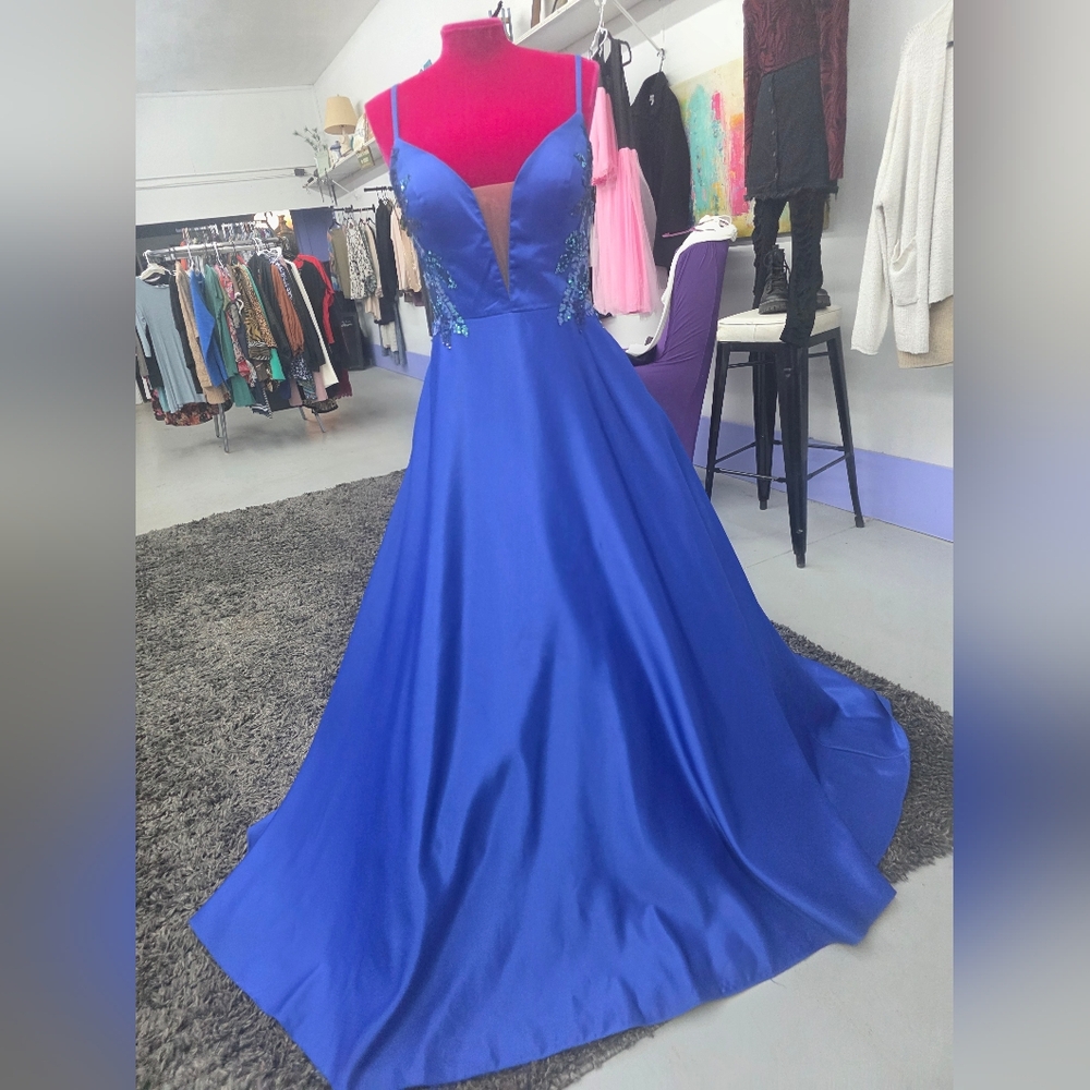 Blue Satin Dress With Sequence And Stunning Back